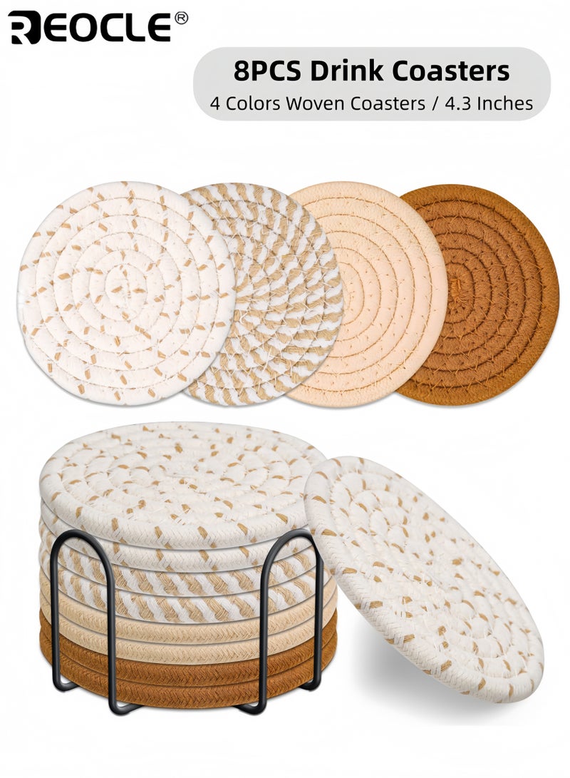 ريوكل طقم قواعد أكواب للمشروبات من 8 قطع بتصميم ماص، وقواعد حماية للطاولة مصنوعة من القطن المنسوج مع حامل، لديكور غرفة المعيشة. - Image 1