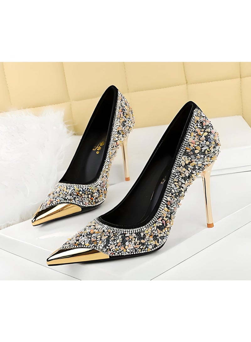 بيج تري المرأة مغلقة مربع إصبع القدم كعب عالي الراينست باكينات ستيليتو مضخات أسود 9.5CM - Image 1