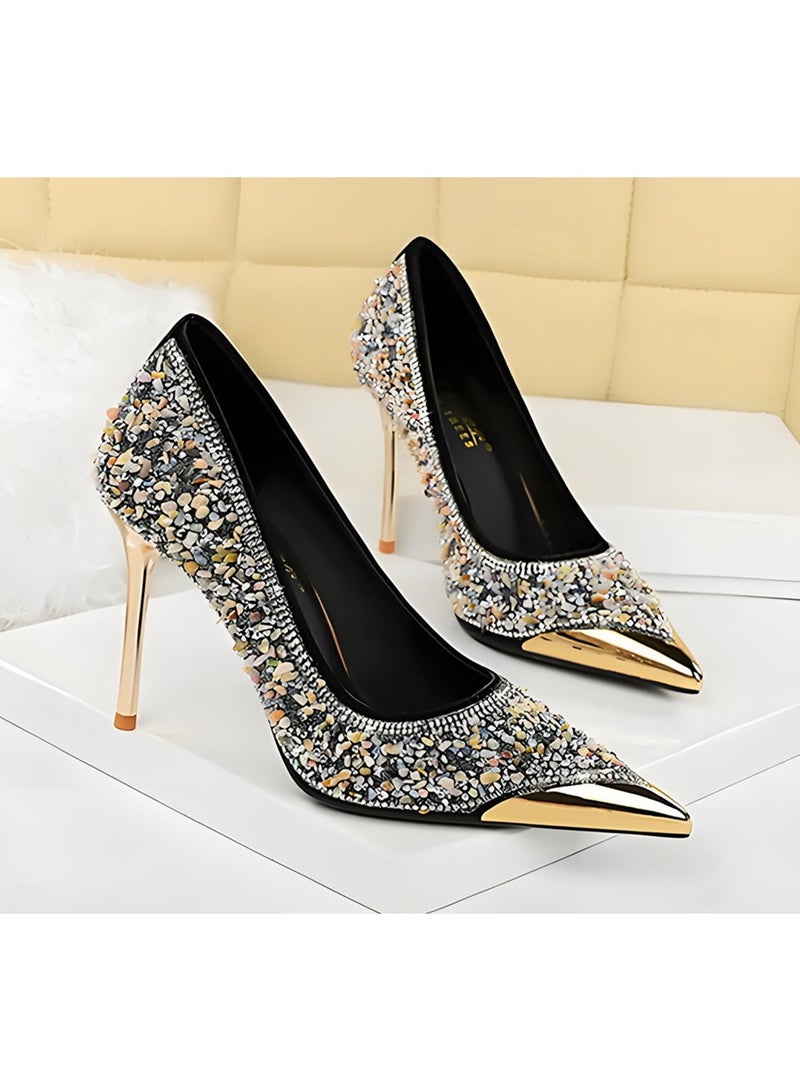 بيج تري المرأة مغلقة مربع إصبع القدم كعب عالي الراينست باكينات ستيليتو مضخات أسود 9.5CM - Image 2