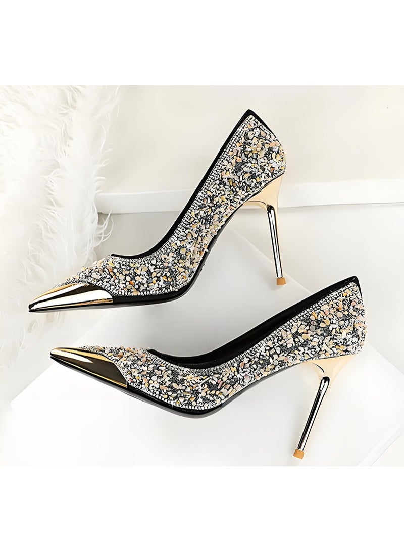 بيج تري المرأة مغلقة مربع إصبع القدم كعب عالي الراينست باكينات ستيليتو مضخات أسود 9.5CM - Image 3