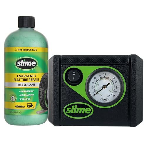 Slime سلايم 50107 مجموعة إصلاح ثقب الإطار المسطح، سمارت سبير، مجموعة الطوارئ لإطارات السيارات، تشمل مادة الختم ومضخة نفخ الإطارات، مناسبة للسيارات وغيرها من المركبات على الطرق السريعة، إصلاح في 15 دقيقة - Image 1
