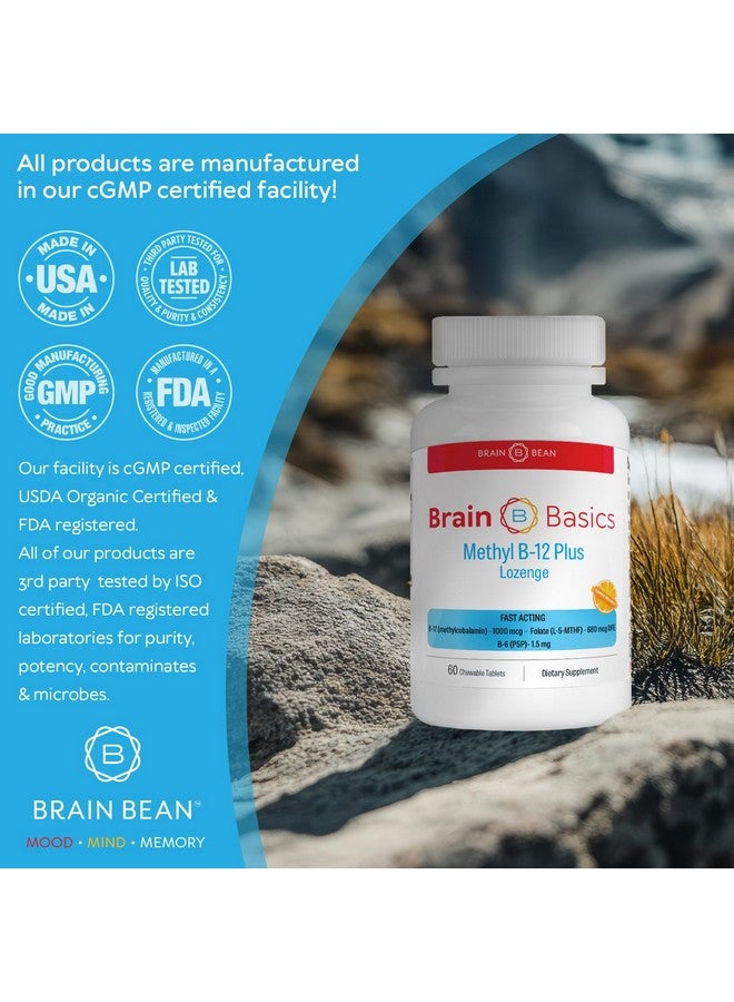 Brain-Bean Extra Strength Methyl B-12 & Methyl Folate - 60 Chewable Tablets, Orange Citrus Flavor - High Potency Bioactive B-12 Vitamin & B9 Folate Supplement for Energy, Brain, Heart & Nerve Support - Image 2