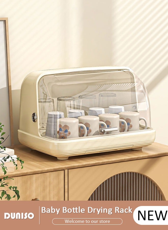 DUNISO Baby Bottle Drying Rack, Vertical Baby Bottle Storage with Anti-dust Cover, Tableware Drying Rack with Pull-Out Drain Board, Portable Kitchen Cabinet Organizer with Haft, Cup Storage Box for Home Kitchen - Image 1