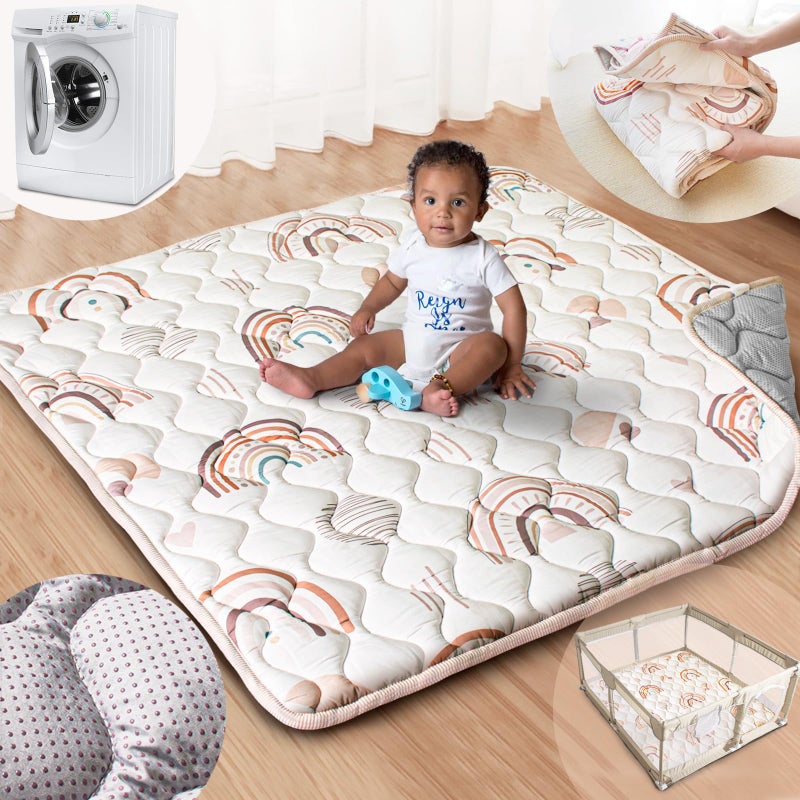 Beavtaens Baby Play Mat, 50x50 Playpen Mat with Super Soft Touch, Activity Mat with Upgraded Anti-Slip Bottom, Machine Washable Crawling Mat for Floor & Picnic(Boho Rainbow) - Image 1