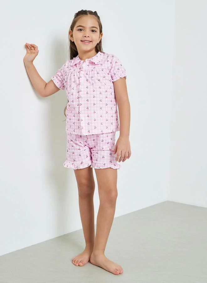 ستايلي Girls Cherry Print Button Front Top and Shorts Set