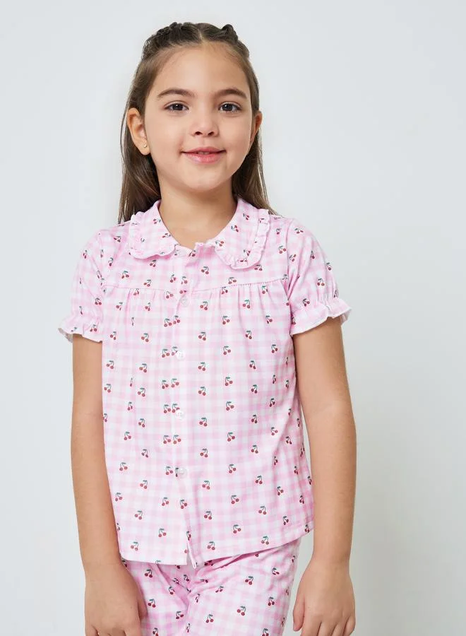 ستايلي Girls Cherry Print Button Front Top and Shorts Set