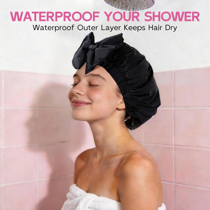 Years Calm Luxury Shower Cap For Women Reusable Waterproof, Detachable Bowknot & Satin Lined, Flexi and Washable Bath Cap for Long Hair/Braids Fit Spa, Travel, Shower - Image 4