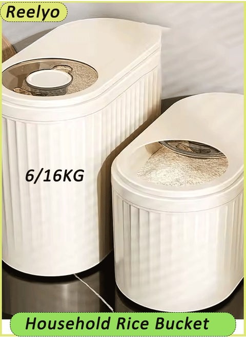 6/16KG Rice Container, Large Grain Container Storage with Lid Measuring Cylinder Moisture Proof Household Cereal Dispenser Bucket for Kitchen Soybean Corn