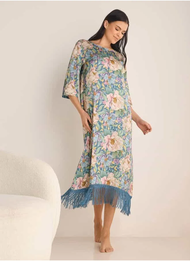 FAV Floral Print Night Gown with 3/4 Sleeves and Fringe Detail