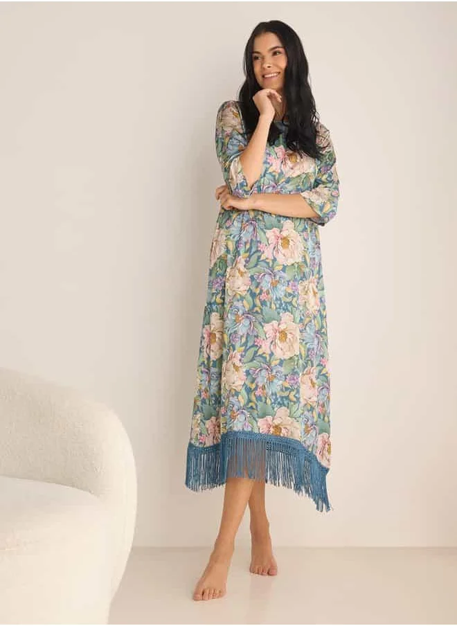 FAV Floral Print Night Gown with 3/4 Sleeves and Fringe Detail