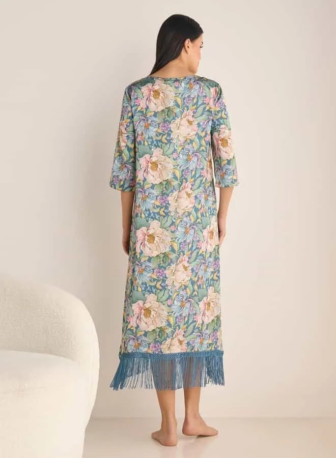 Splash FAV Floral Print Night Gown with 3/4 Sleeves and Fringe Detail
