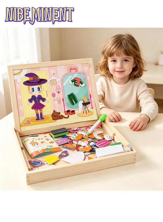 NIBEMINENT Magnetic Drawing Board, Girls Dress Up Themed Toys, Wooden Puzzles Games Toys for Kids Drawing Learning 30*23*3.5cm - Image 1