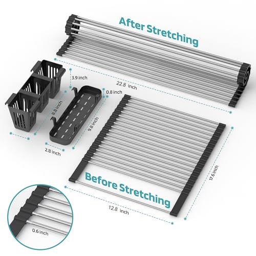 BBXTYLY Extra Large Black Expandable Roll Up Dish Drying Rack Up to 22.8''with 2 Storage Baskets,Over The Sink Kitchen Rolling up Dish Drainer Dish Drying Rack in Sink, Foldable,Rollable,for Kitchen Dishes - Image 3