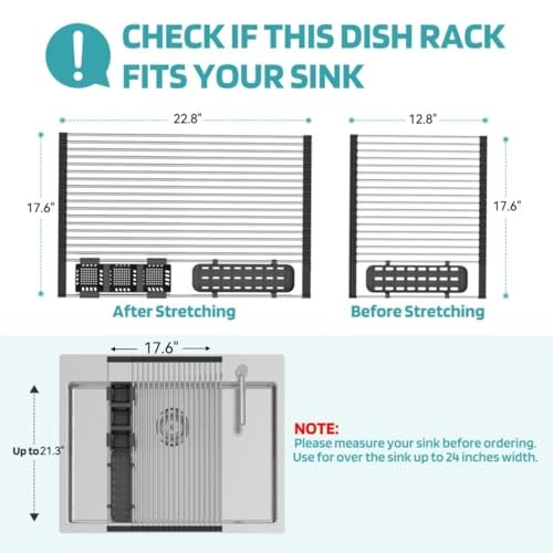 BBXTYLY Extra Large Black Expandable Roll Up Dish Drying Rack Up to 22.8''with 2 Storage Baskets,Over The Sink Kitchen Rolling up Dish Drainer Dish Drying Rack in Sink, Foldable,Rollable,for Kitchen Dishes - Image 4