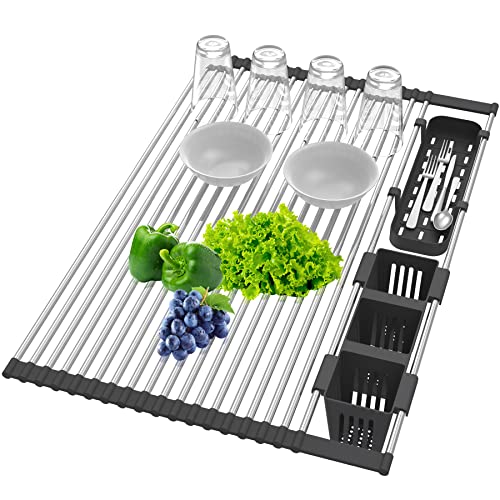 BBXTYLY Extra Large Black Expandable Roll Up Dish Drying Rack Up to 22.8''with 2 Storage Baskets,Over The Sink Kitchen Rolling up Dish Drainer Dish Drying Rack in Sink, Foldable,Rollable,for Kitchen Dishes - Image 2