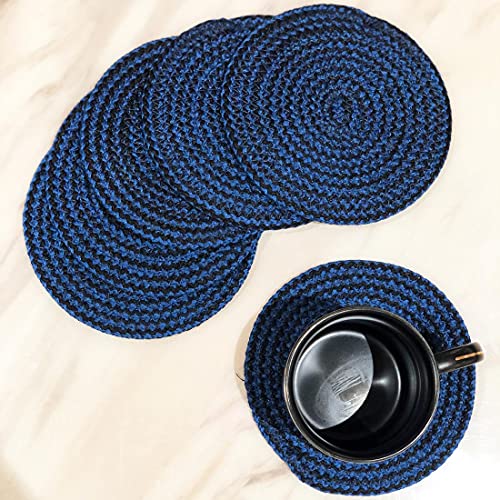 ST SAPROSE ® Polypropylene Round Coaster Set (Pack of 6) Machine Washable Absorbent Size: 5 inch Diameter (Blue-Black Melange) - Image 1