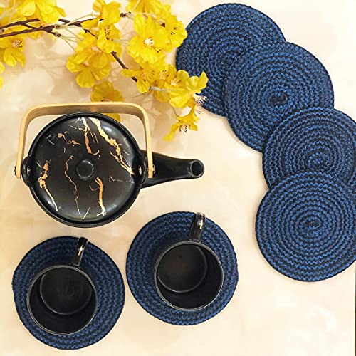 ST SAPROSE ® Polypropylene Round Coaster Set (Pack of 6) Machine Washable Absorbent Size: 5 inch Diameter (Blue-Black Melange) - Image 2