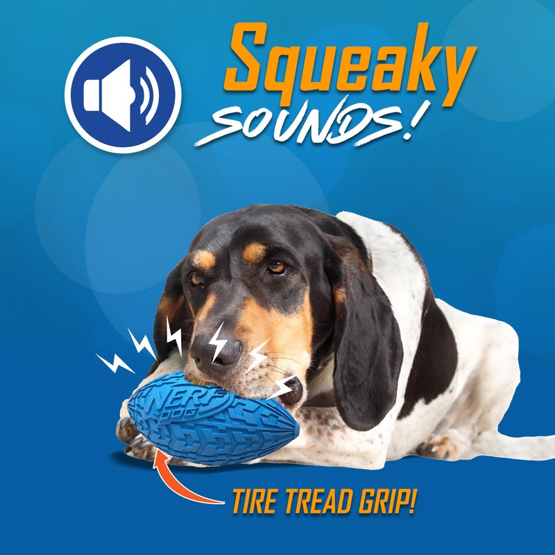 Nerf Dog Tire Squeak Football Outdoor Dog Toy, 6 Inch Dog Football Squeaking Toy for Medium and Large Breeds, Blue - Image 2
