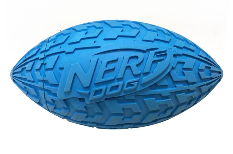 Nerf Dog Tire Squeak Football Outdoor Dog Toy, 6 Inch Dog Football Squeaking Toy for Medium and Large Breeds, Blue - Image 1