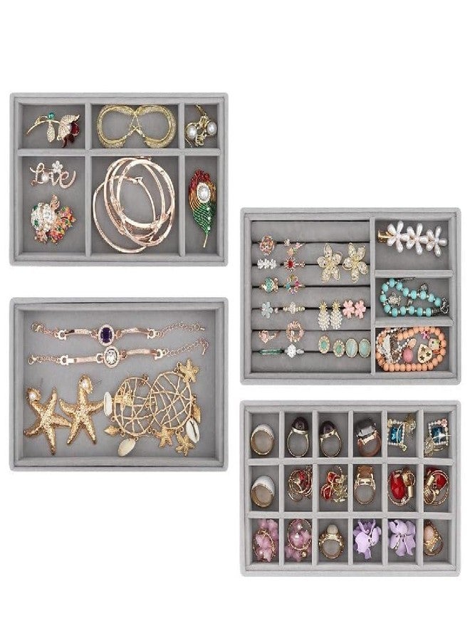 Drumil Jewelry Earring Organizer Jewelry Display Tray, Velvet Jewelry Drawer Insert Tray, Box Ring Holder Necklace Case, Jewelry Storage for Bracelet Brooch Watch, Set of 4, Gray - Image 1