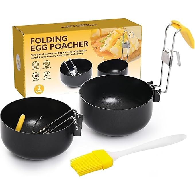 Azonee Foldable Egg Poacher Set  Poached Egg Cooker NonStick Poached  Boiled Egg Maker Cups 1810 Stainless Steel Handle With Hook Kitchen Egg Poaching Tool 2 Pack Black - Image 1
