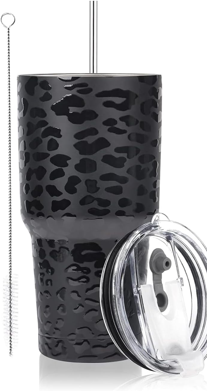 DS 30oz Black Leopard Tumbler Stainless Steel Insulated Travel Mug with Straw Lid Cleaning Brush - Image 1