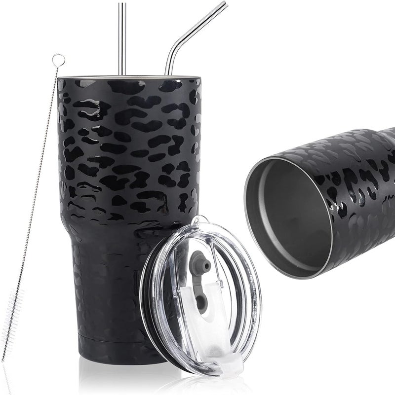 DS 30oz Black Leopard Tumbler Stainless Steel Insulated Travel Mug with Straw Lid Cleaning Brush - Image 2