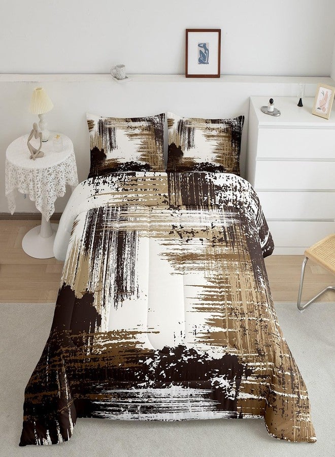 Man Fei Manfei Abstract Comforter Set Full Size, Modern Abstract Art Bedding Set 3pcs for Kids Boys Room Decor, Grunge Style Brown White Quilt Set Soft Polyester Duvet Set with 2 Pillowcases - Image 1
