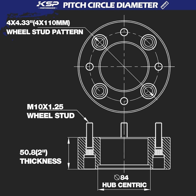 KSP PERFORMANCE KSP 4x110 Wheel Spacers 2inch, ATV UTV Forged Wheel Spacers Compatible with Honda Rancher Fourtrax Foreman Rubicon, M10x1.25 Studs 84mm Hub Bore for Yamaha Suzuki Kawasaki Rhino Grizzly 2 PCS - Image 4