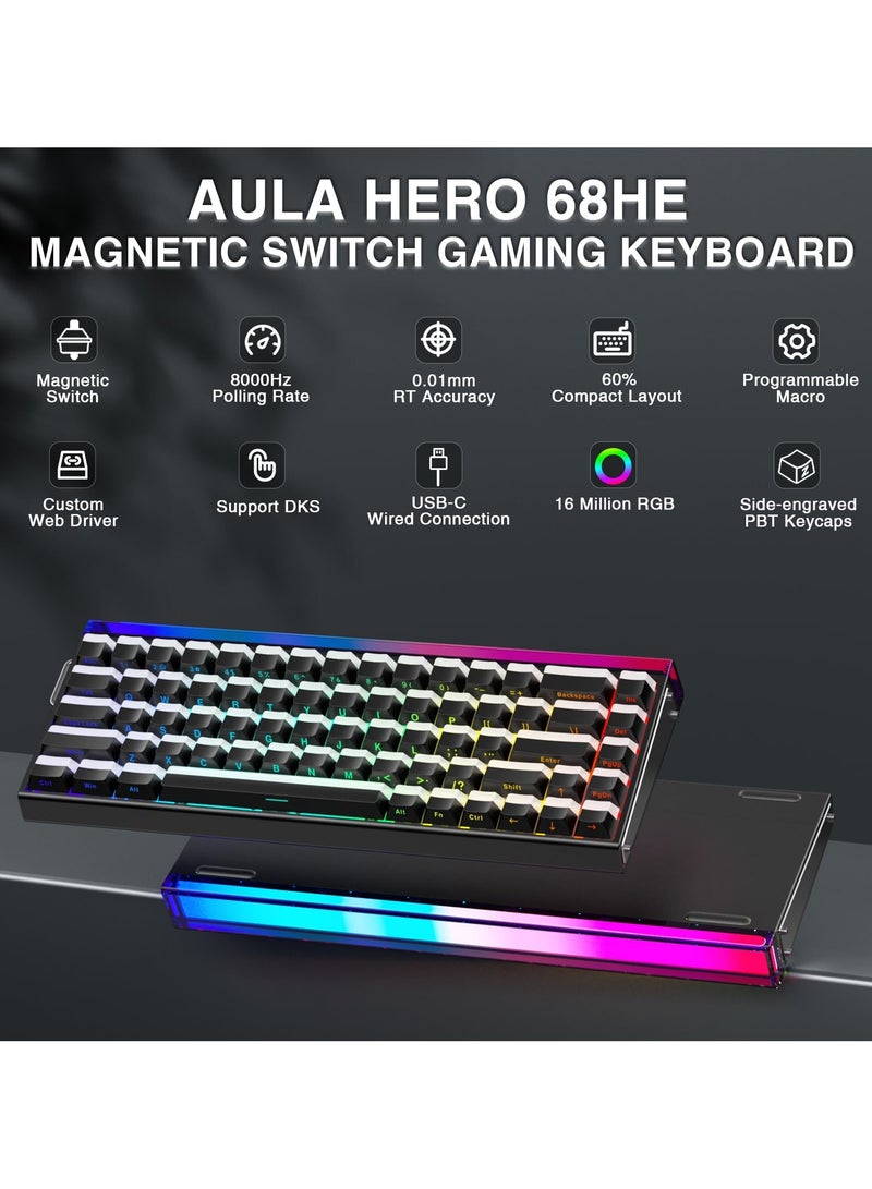 AULA Hero 68 HE 60% Gaming Keyboard Wired, Hall Effect Magnetic Switch Keyboard with Adjustable Actuation, Fast Trigger Mode, 8K Hz Polling Rate, 0.125ms Latency,Side Printed PBT Keycaps, RGB Backlit - Image 2