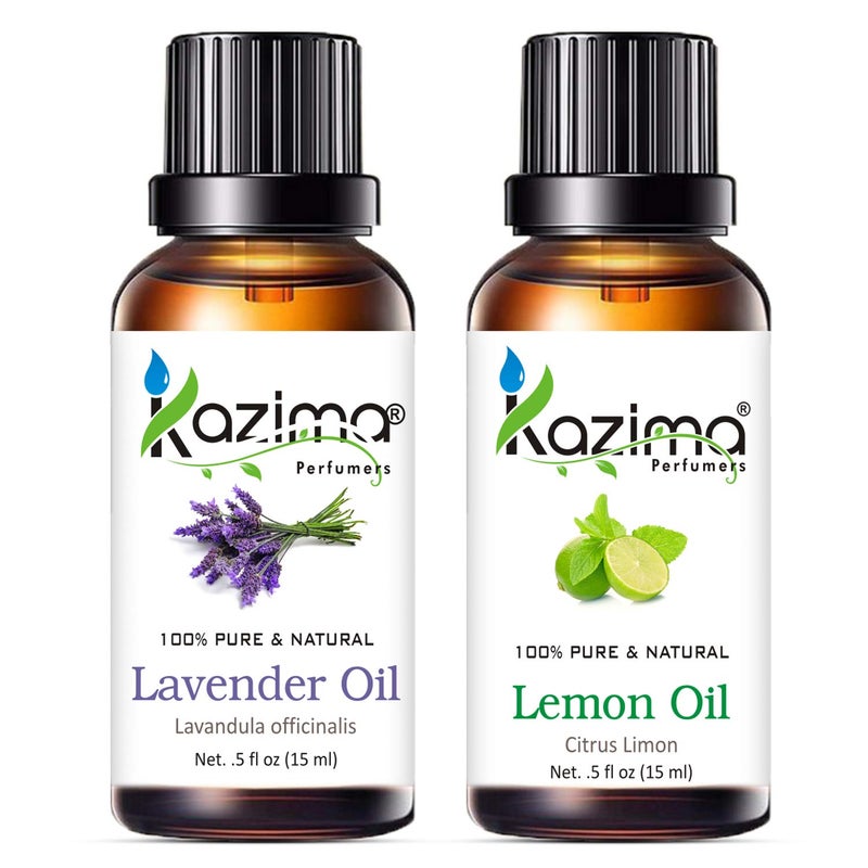 KAZIMA KAZIMA Combo of Lavender Oil and Lemon Oil 100 Pure Natural Essential Oil for Skin Brightening Acne Scars Hair Growth Aromatherapy 15 ml each  - Image 1