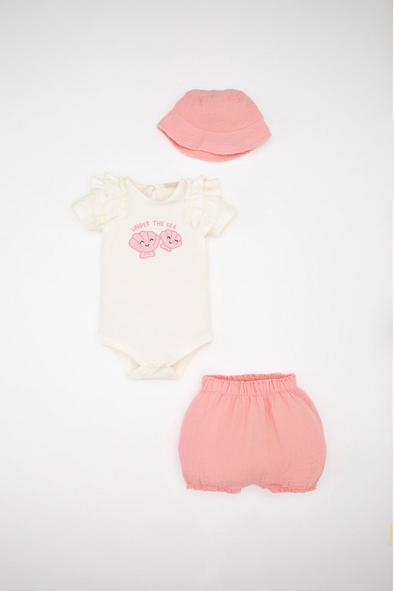 DeFacto Baby Girl Printed Snap Body Shorts Hat Muslin 3 Piece Set - Image 1