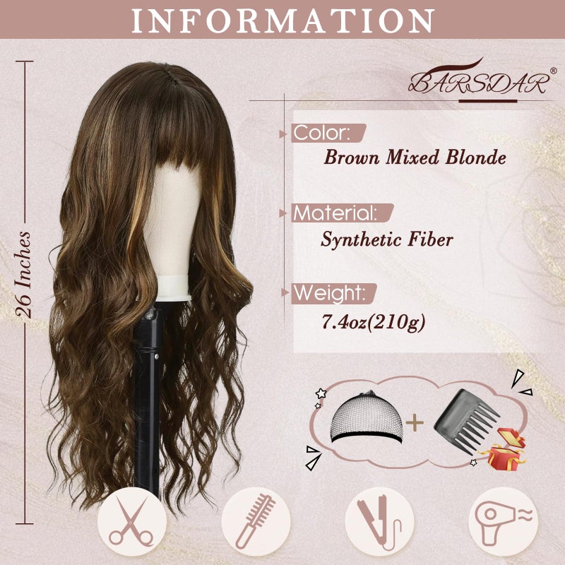 BARSDAR Long Wavy Highlight Wig With Bangs - 26 Inch Long Wavy Brown Mix Blonde Wig with Bangs for Women, Synthetic Balayage Hair Replacement Wigs Natural Looking Daily Cosplay Party Halloween - Image 2