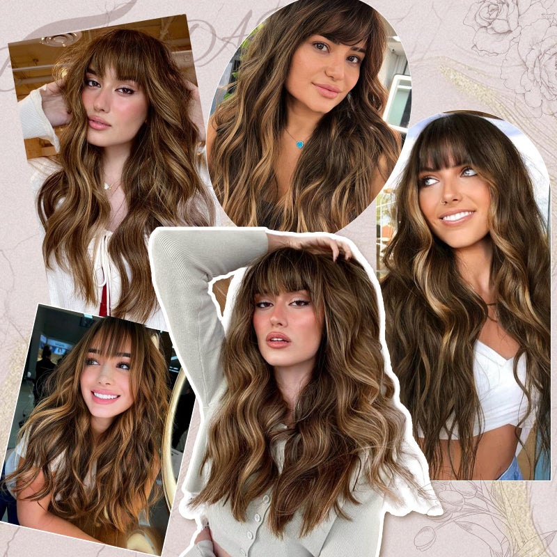 BARSDAR Long Wavy Highlight Wig With Bangs - 26 Inch Long Wavy Brown Mix Blonde Wig with Bangs for Women, Synthetic Balayage Hair Replacement Wigs Natural Looking Daily Cosplay Party Halloween - Image 5