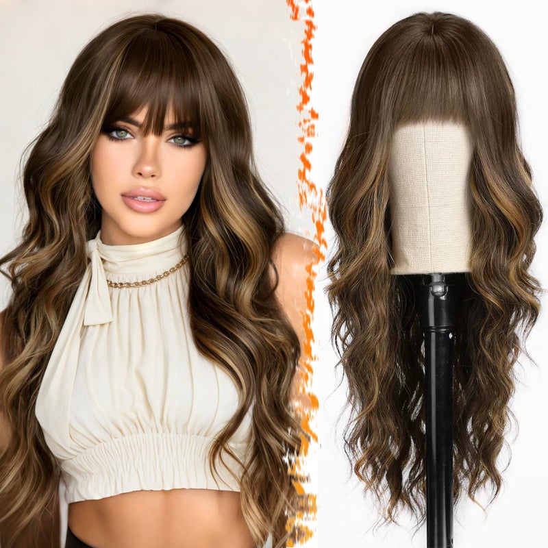 BARSDAR Long Wavy Highlight Wig With Bangs - 26 Inch Long Wavy Brown Mix Blonde Wig with Bangs for Women, Synthetic Balayage Hair Replacement Wigs Natural Looking Daily Cosplay Party Halloween - Image 1