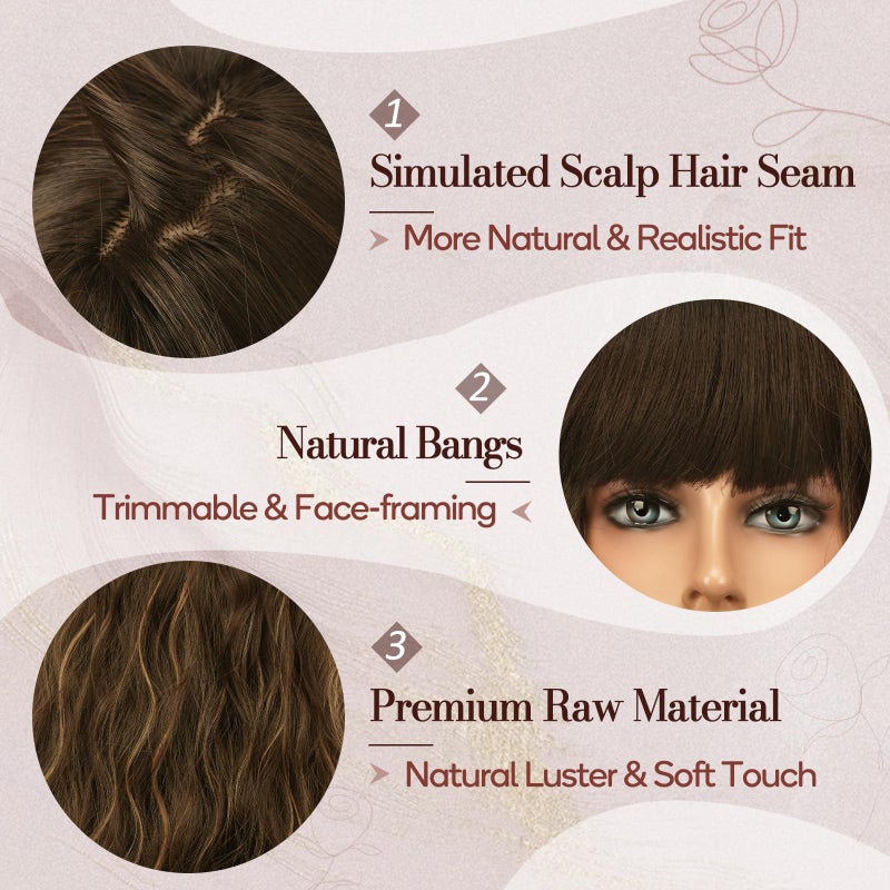 BARSDAR Long Wavy Highlight Wig With Bangs - 26 Inch Long Wavy Brown Mix Blonde Wig with Bangs for Women, Synthetic Balayage Hair Replacement Wigs Natural Looking Daily Cosplay Party Halloween - Image 3