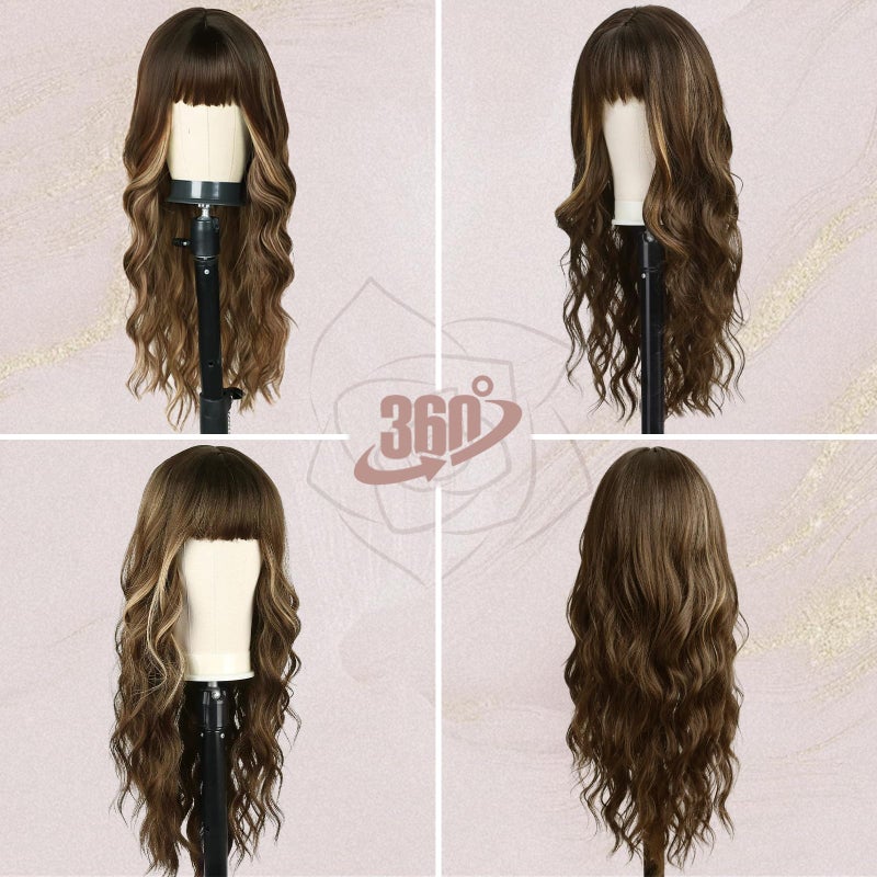 BARSDAR Long Wavy Highlight Wig With Bangs - 26 Inch Long Wavy Brown Mix Blonde Wig with Bangs for Women, Synthetic Balayage Hair Replacement Wigs Natural Looking Daily Cosplay Party Halloween - Image 4