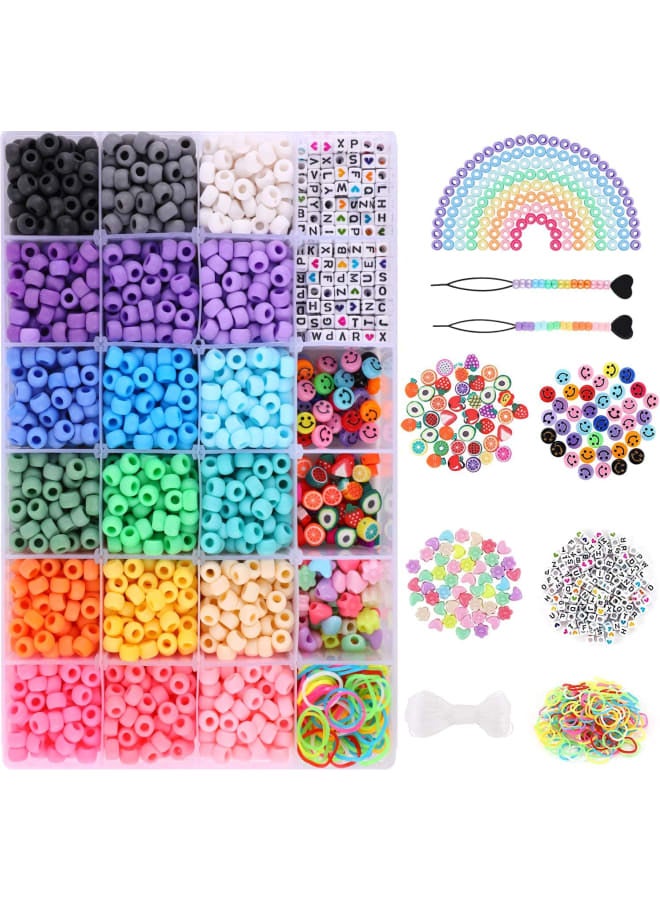 2600 pcs 9mm Pony Beads for Bracelet Making Kit, Kandi Beads Hair Beads for Necklace Crafts Making with Heart Fruit Smiley Face & Letter Beads Elastic String Rubber Bands - Image 1