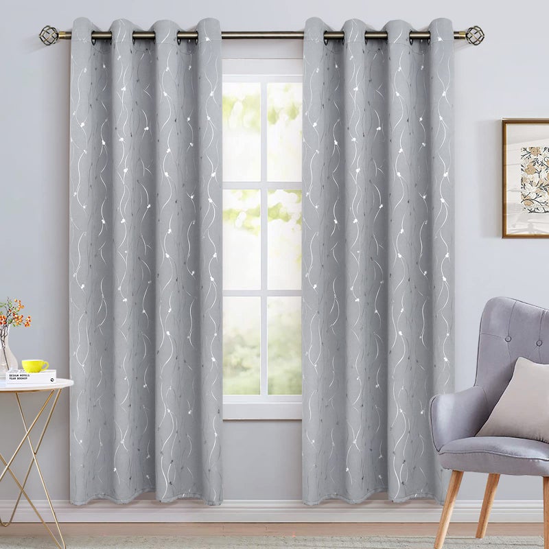 BGment Room Darkening Curtains 84 Inches Long  Grommet Thermal Insulated Blackout Curtains with Wave Line and Dots Printed for Bedroom  2 Panels  Each 52 x 84 Inch  Light Grey - Image 2