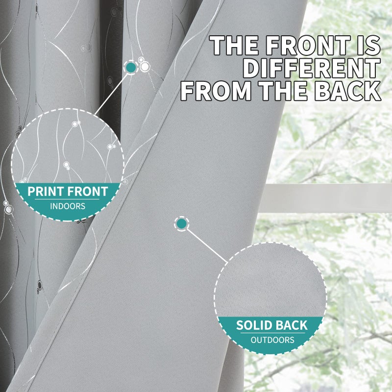 BGment Room Darkening Curtains 84 Inches Long  Grommet Thermal Insulated Blackout Curtains with Wave Line and Dots Printed for Bedroom  2 Panels  Each 52 x 84 Inch  Light Grey - Image 3