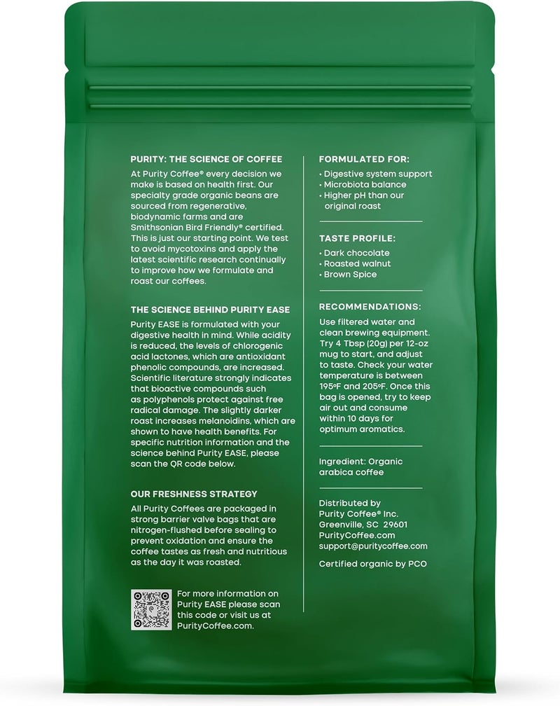 Purity Coffee EASE Dark Roast Ground Coffee - USDA Organic, Low Acidity, 12oz - Image 3
