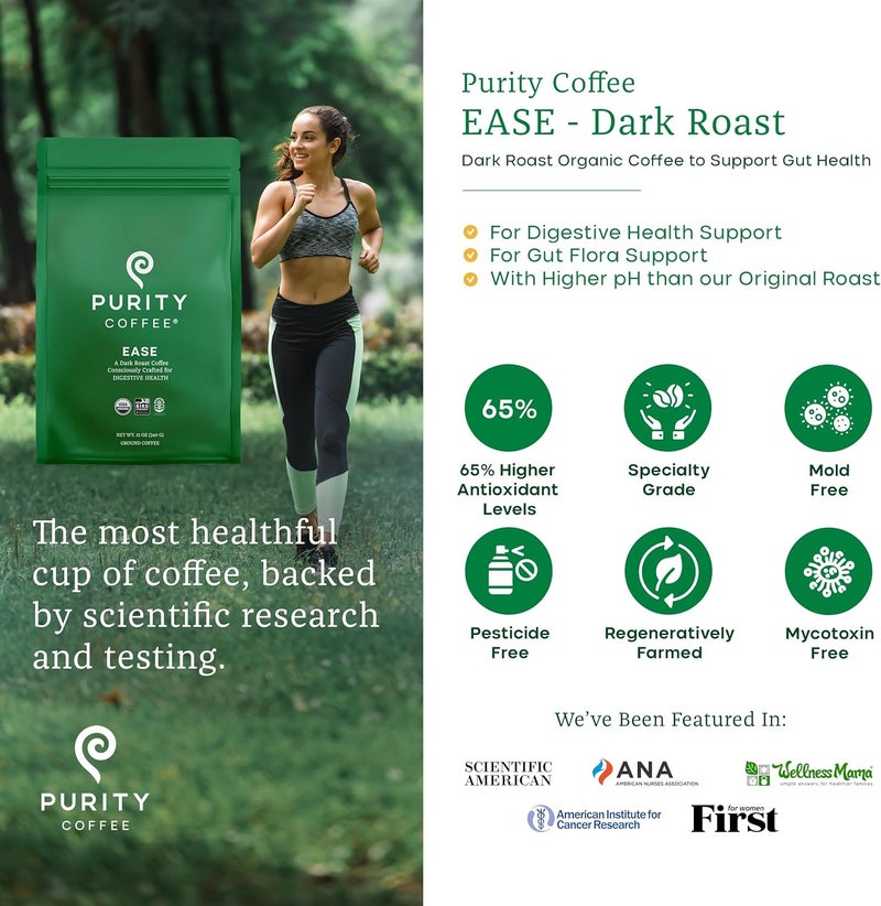 Purity Coffee EASE Dark Roast Ground Coffee - USDA Organic, Low Acidity, 12oz - Image 4
