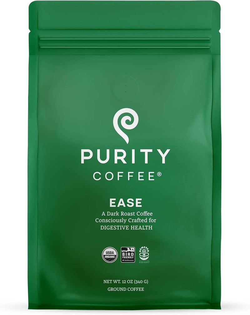 Purity Coffee EASE Dark Roast Ground Coffee - USDA Organic, Low Acidity, 12oz - Image 1