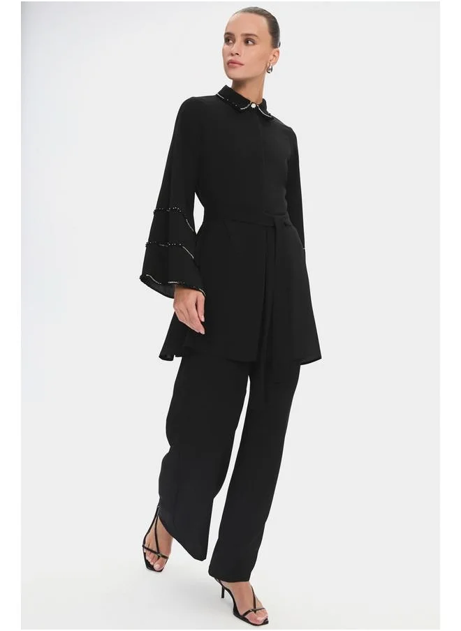 JUNE June Women Stone Detailed Shirt and Trousers Set Black