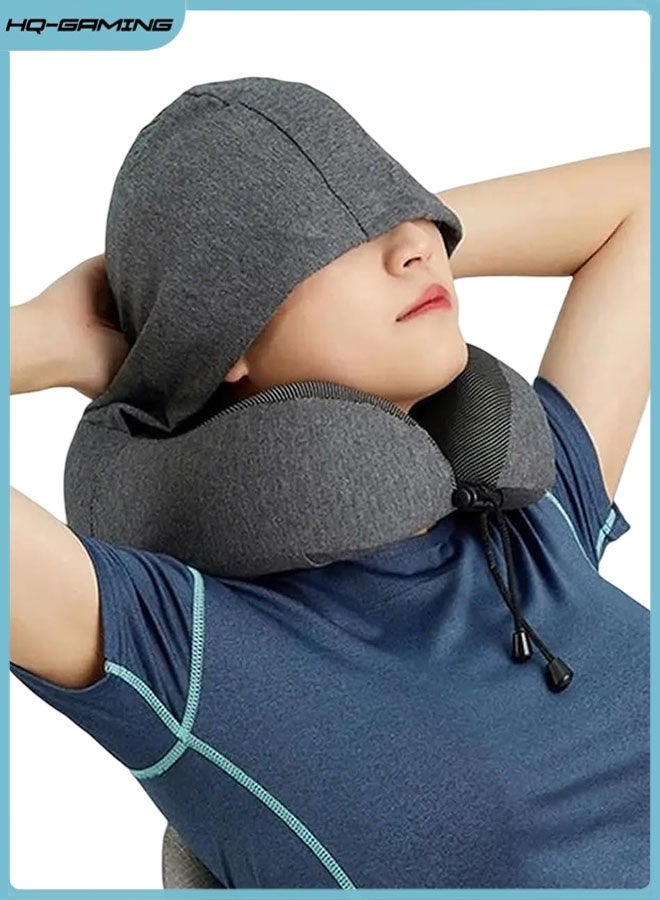 HQ-GAMING Travel Pillow 100% Memory Foam Pillow, Neck Pillow for Airplane, Neck & Head Support Pillow for Sleeping Rest & Car, Travel Pillows Kit with Storage Bag, Hidden Hoody (Black) - Image 1