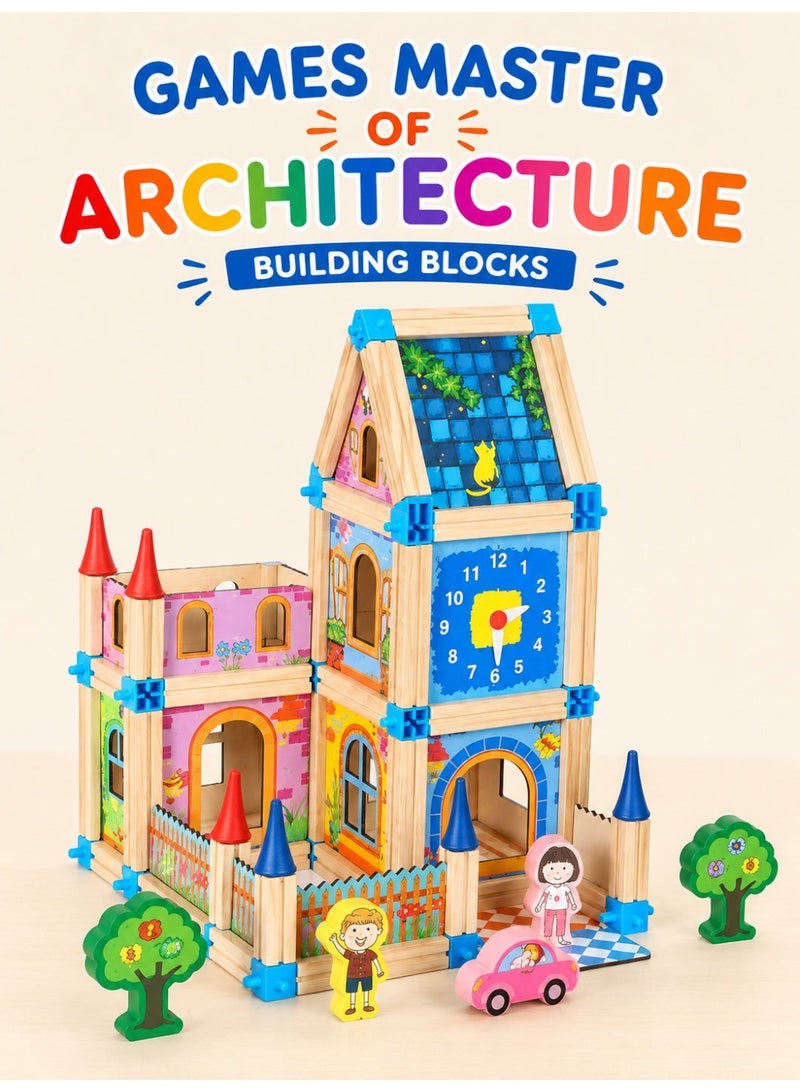 UV Enterprises Wooden Construction Building Blocks Set for Kids, Castle & House Building Bricks, Educational Montessori Learning Toy, Preschool Creative Building Game for Boys & Girls - Image 1