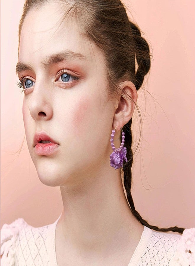 Anmpab Pearl Petal Hoop Earrings for Women Circle Petal Shell Tassel Dangle Drop Earrings Wedding Prom Jewelry (Violet) - Image 3