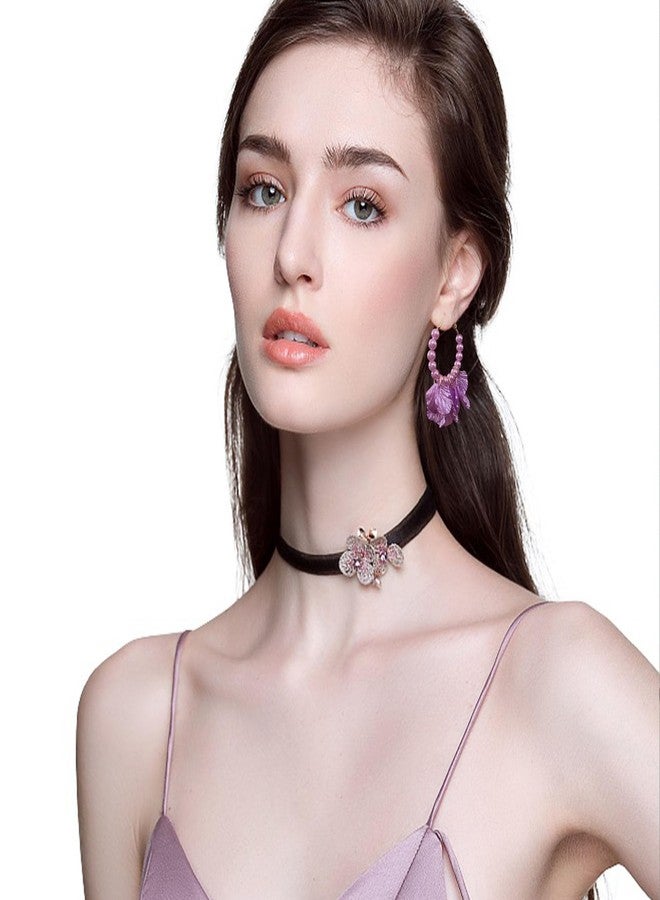 Anmpab Pearl Petal Hoop Earrings for Women Circle Petal Shell Tassel Dangle Drop Earrings Wedding Prom Jewelry (Violet) - Image 4