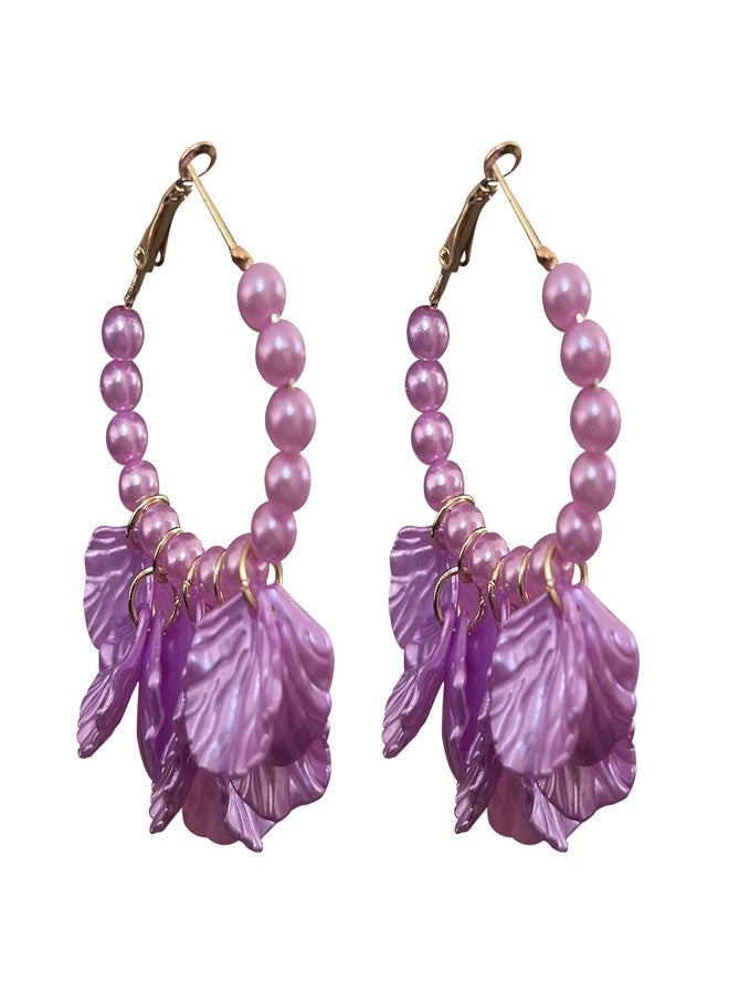 Anmpab Pearl Petal Hoop Earrings for Women Circle Petal Shell Tassel Dangle Drop Earrings Wedding Prom Jewelry (Violet) - Image 1