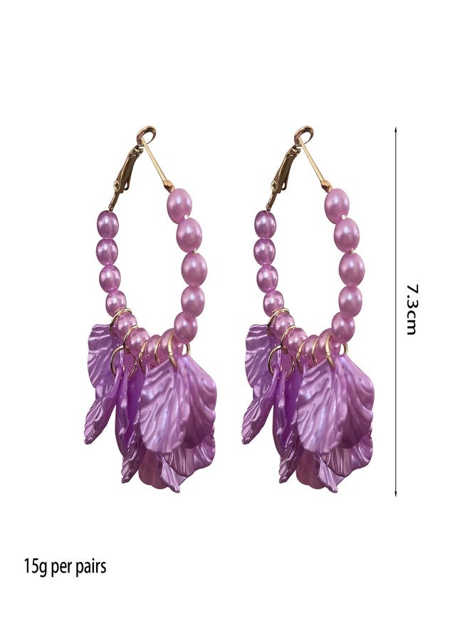 Anmpab Pearl Petal Hoop Earrings for Women Circle Petal Shell Tassel Dangle Drop Earrings Wedding Prom Jewelry (Violet) - Image 5